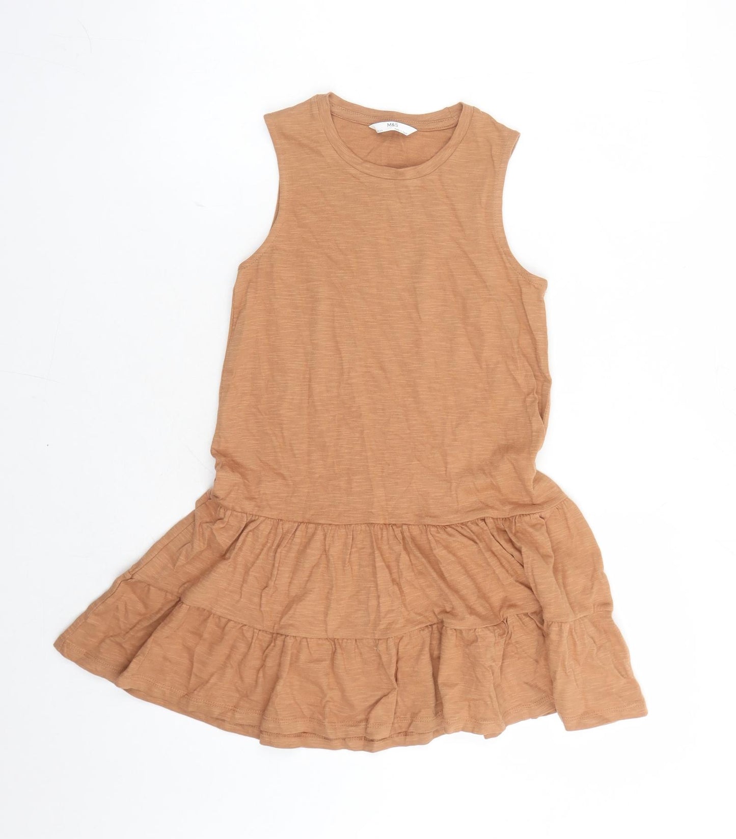 Marks and Spencer Girls Brown Cotton Tank Dress Size 8-9 Years Round Neck Pullover