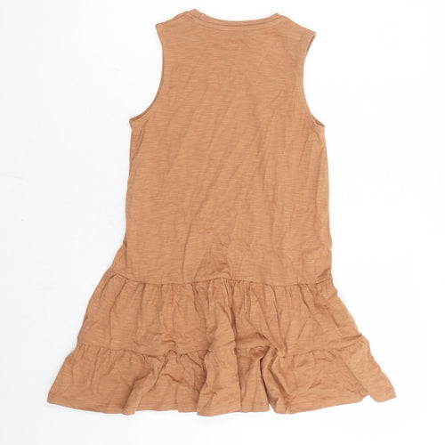 Marks and Spencer Girls Brown Cotton Tank Dress Size 8-9 Years Round Neck Pullover