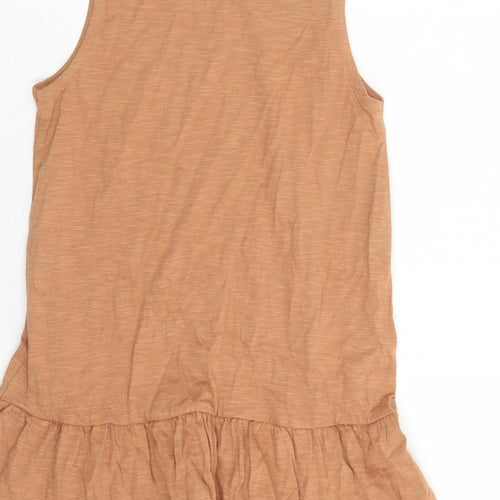 Marks and Spencer Girls Brown Cotton Tank Dress Size 8-9 Years Round Neck Pullover