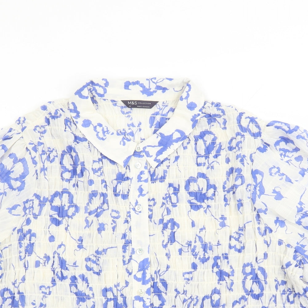 Marks and Spencer Womens White Geometric Polyester Basic Button-Up Size 24 Collared