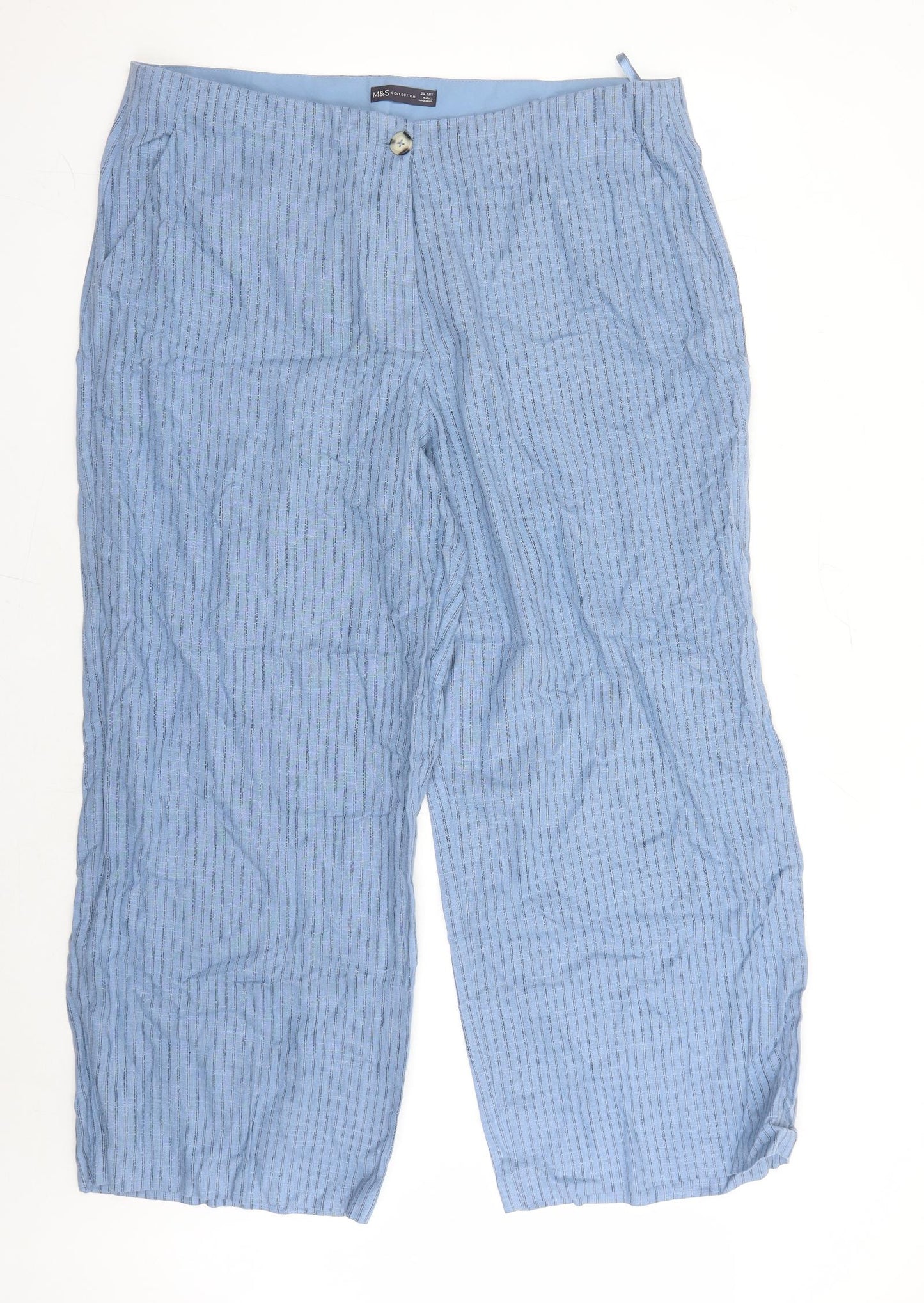 Marks and Spencer Womens Blue Striped Linen Trousers Size 20 L28 in Regular Zip