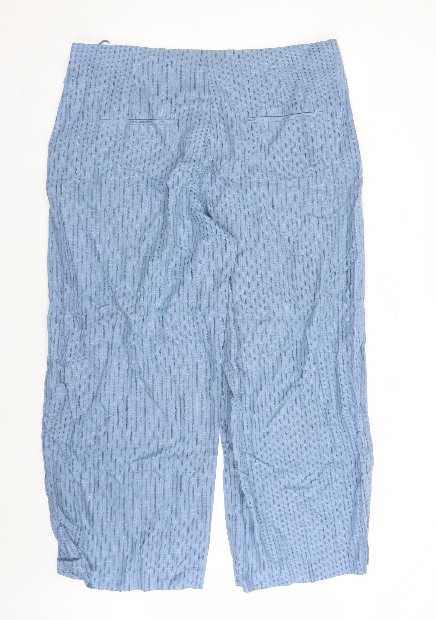 Marks and Spencer Womens Blue Striped Linen Trousers Size 20 L28 in Regular Zip