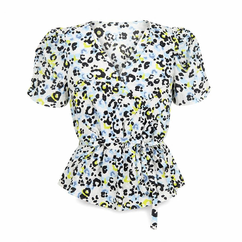 Front view of Marks & Spencer women’s multicoloured animal print polyester basic blouse, v-neck - leopard pattern belted