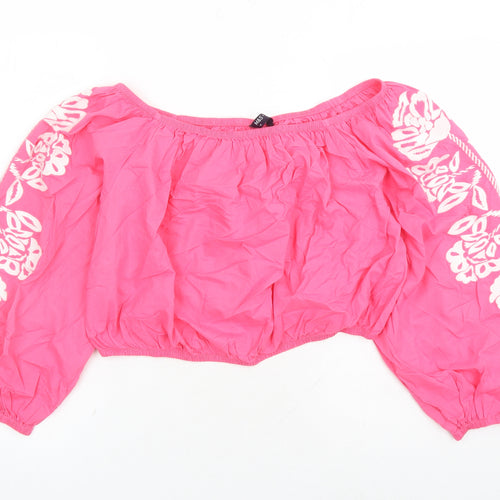 Marks and Spencer Womens Pink Cotton Cropped Blouse Size 18 Off the Shoulder - Embroidered Detail