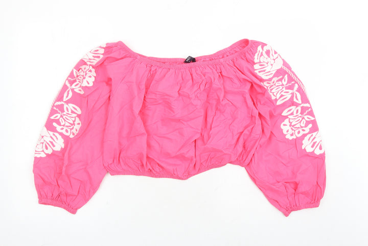 Marks and Spencer Womens Pink Cotton Cropped Blouse Size 18 Off the Shoulder - Embroidered Detail