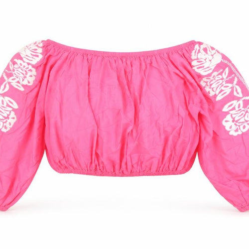 Marks and Spencer Womens Pink Cotton Cropped Blouse Size 18 Off the Shoulder - Embroidered Detail