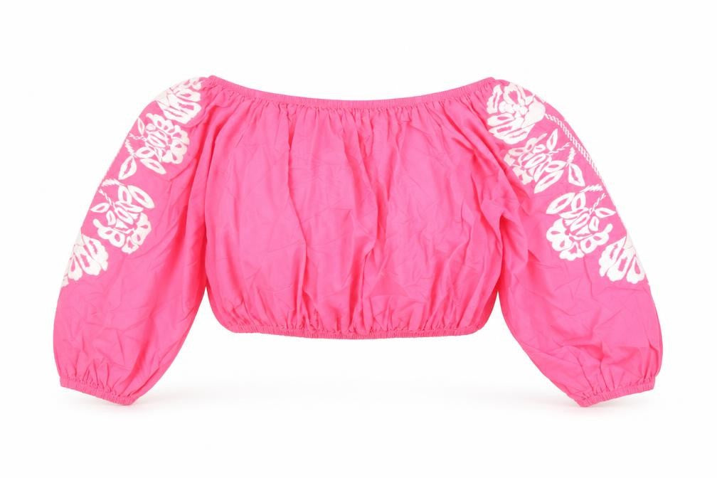 Marks and Spencer Womens Pink Cotton Cropped Blouse Size 18 Off the Shoulder - Embroidered Detail