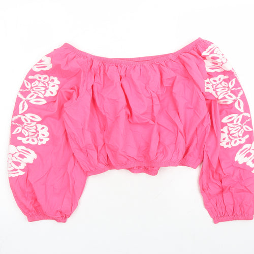 Marks and Spencer Womens Pink Cotton Cropped Blouse Size 18 Off the Shoulder - Embroidered Detail