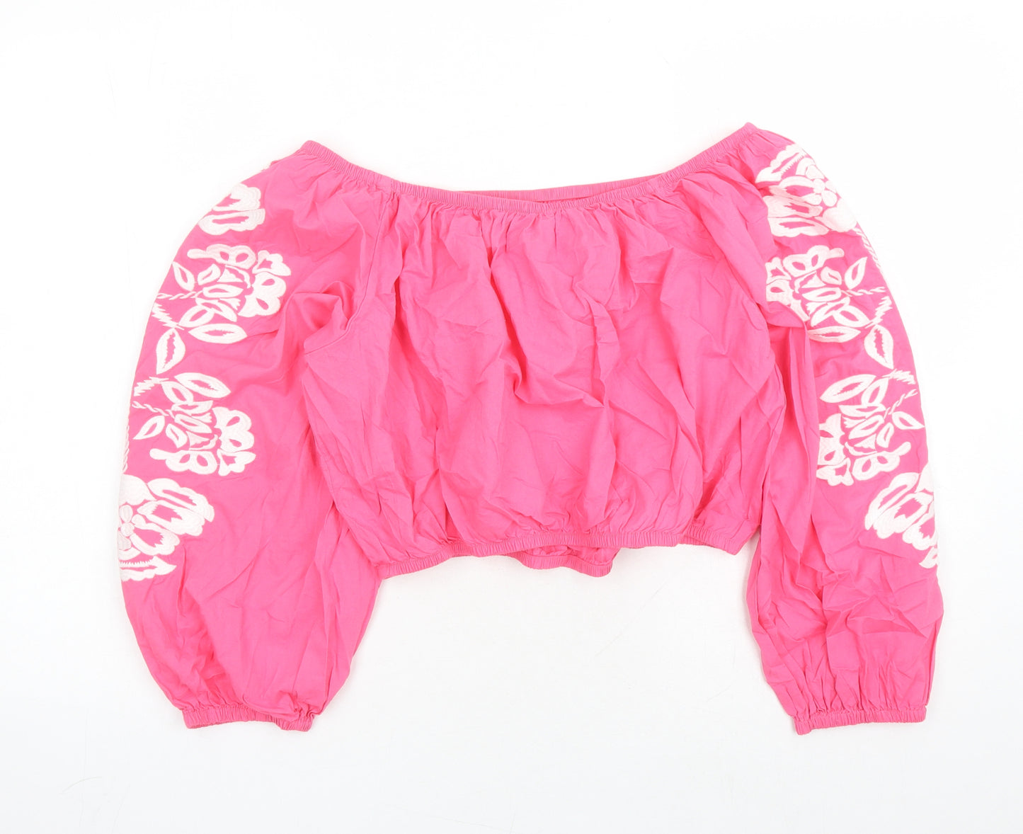 Marks and Spencer Womens Pink Cotton Cropped Blouse Size 18 Off the Shoulder - Embroidered Detail