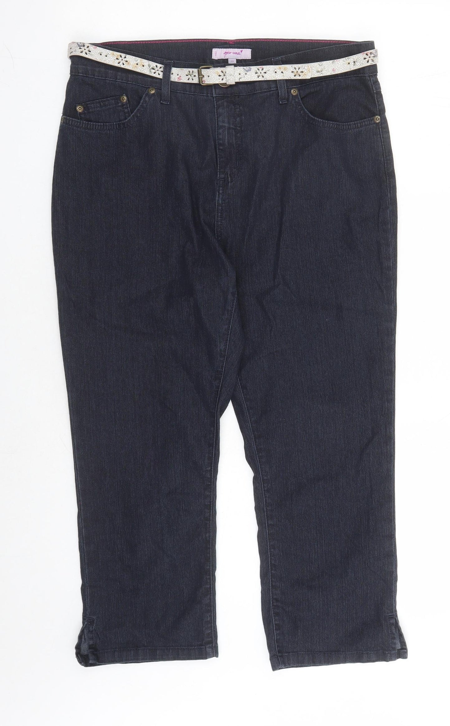 Per Una Womens Blue Cotton Cropped Jeans Size 14 L22 in Regular Zip - Belted