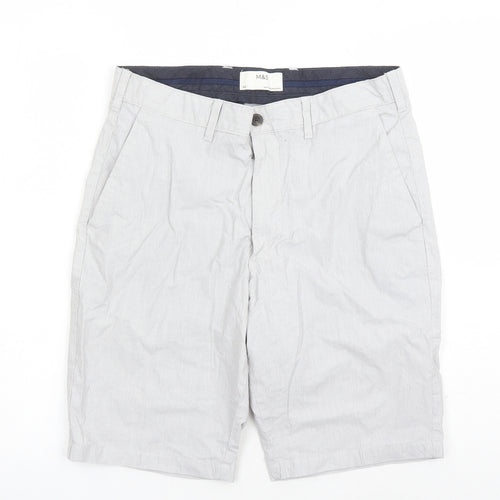 Marks and Spencer Mens Grey Striped Cotton Bermuda Shorts Size 32 in L9 in Regular Zip