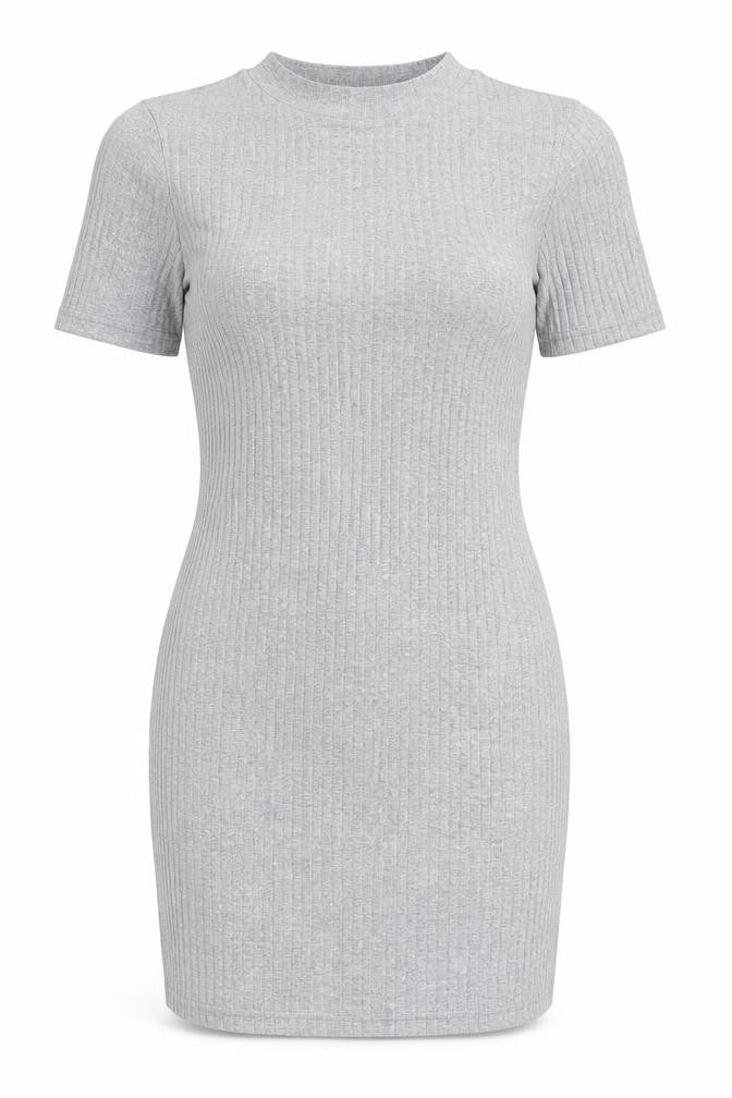 Front view of Missguided women’s grey viscose bodycon, size UK 14, mock neck pullover - open back detail