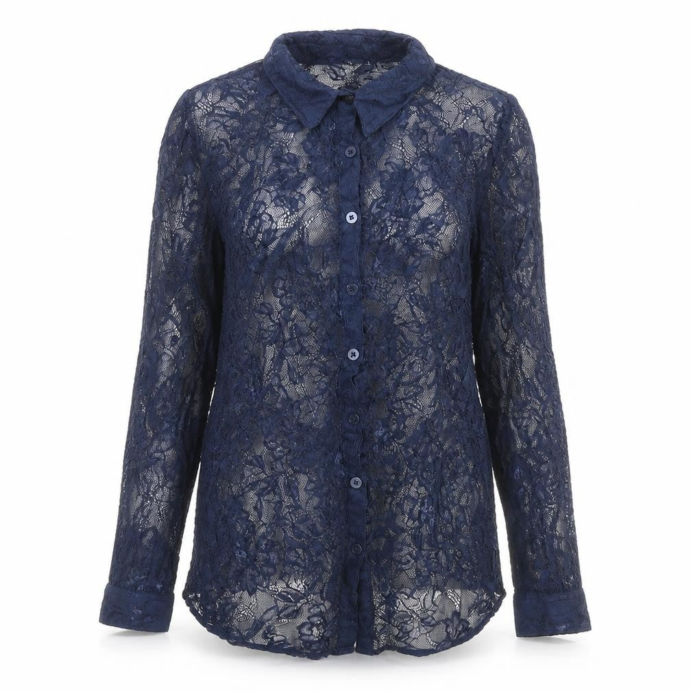 Front view of Divided by H&M women’s blue geometric viscose basic button-up, size UK 10, collared