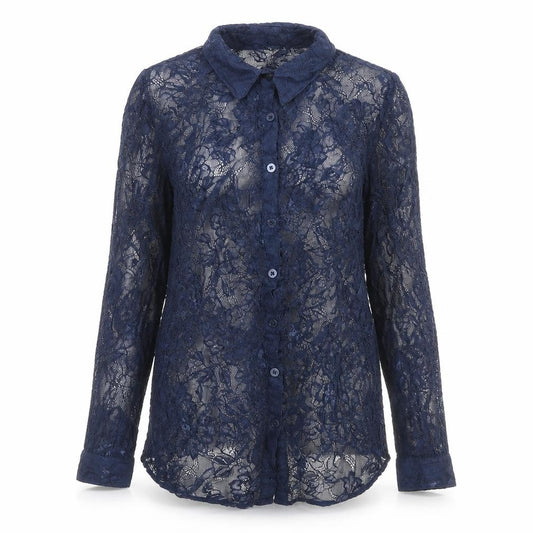 Front view of Divided by H&M women’s blue geometric viscose basic button-up, size UK 10, collared