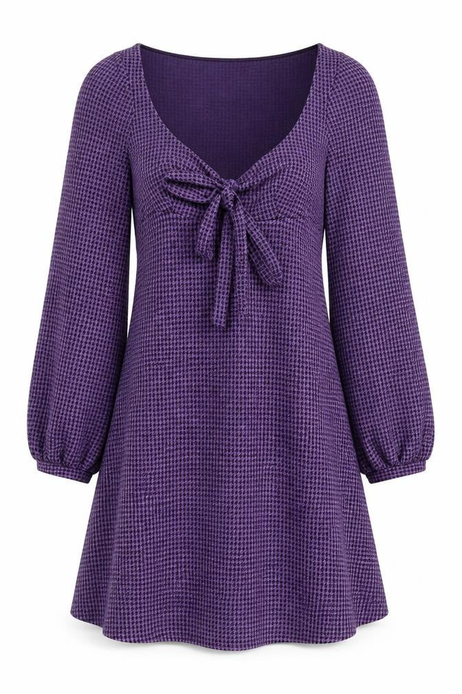Front view of ASOS women’s purple houndstooth polyester fit & flare, size UK 4, scoop neck pullover