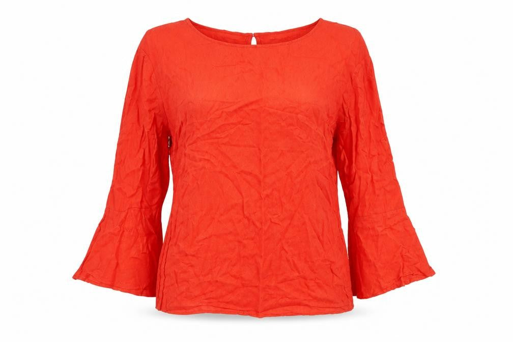 Front view of Warehouse women’s red geometric viscose basic blouse, size UK 12, round neck