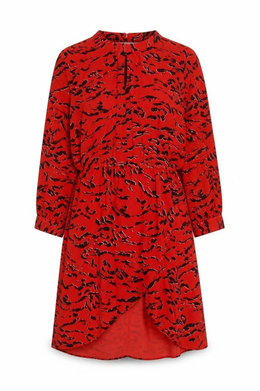 Front view of Sonsandar women’s red animal print polyester a-line, size UK 12, round neck button