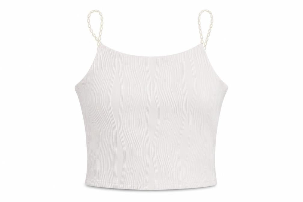 Front view of Rihoas women’s white polyester cropped tank, size S, round neck - beaded straps