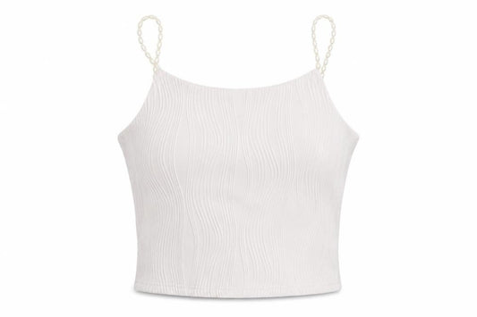 Front view of Rihoas women’s white polyester cropped tank, size S, round neck - beaded straps