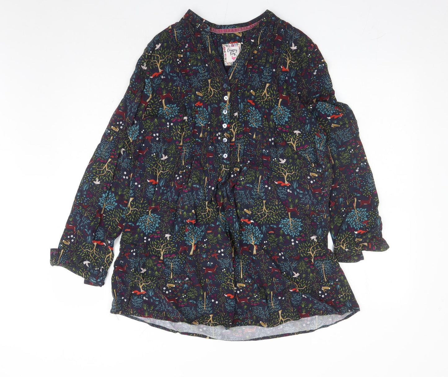 EWM Womens Blue Geometric Viscose Basic Blouse Size 16 V-Neck - Forrest Pattern