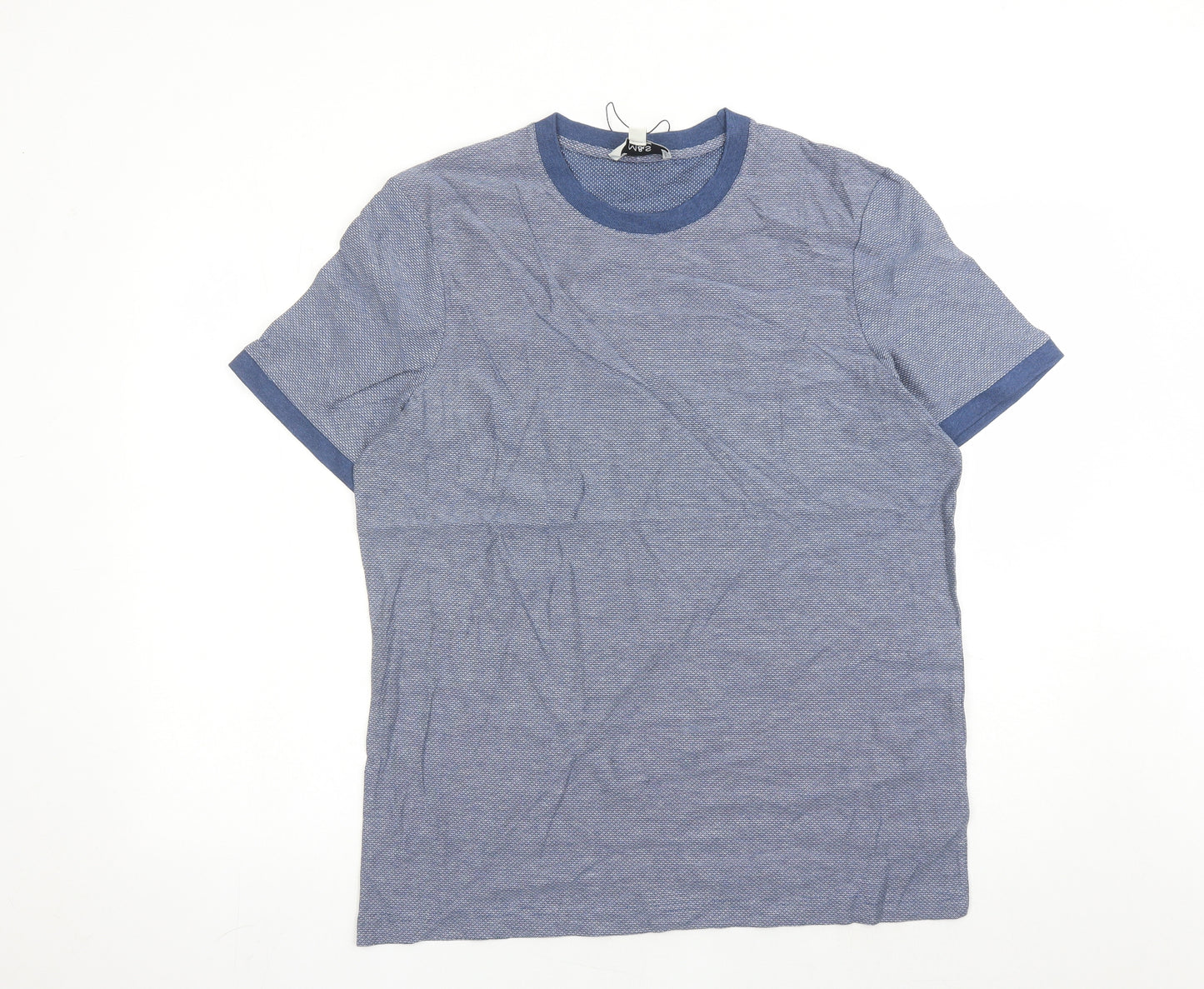 Marks and Spencer Mens Blue Geometric Cotton T-Shirt Size L Collared