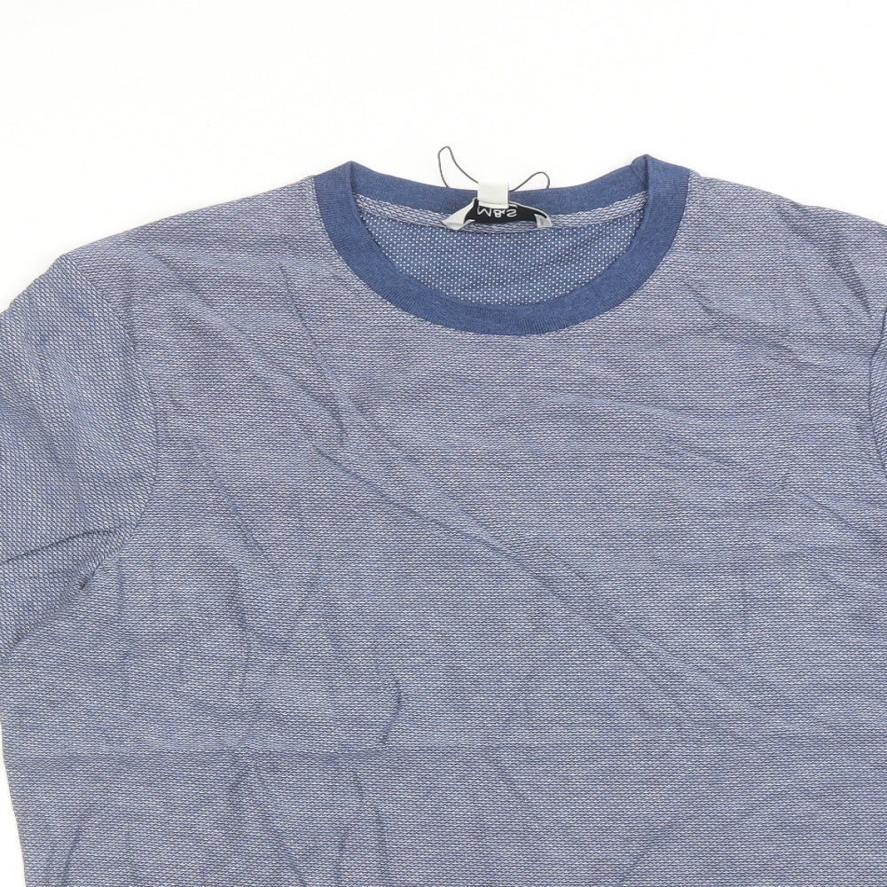 Marks and Spencer Mens Blue Geometric Cotton T-Shirt Size L Collared