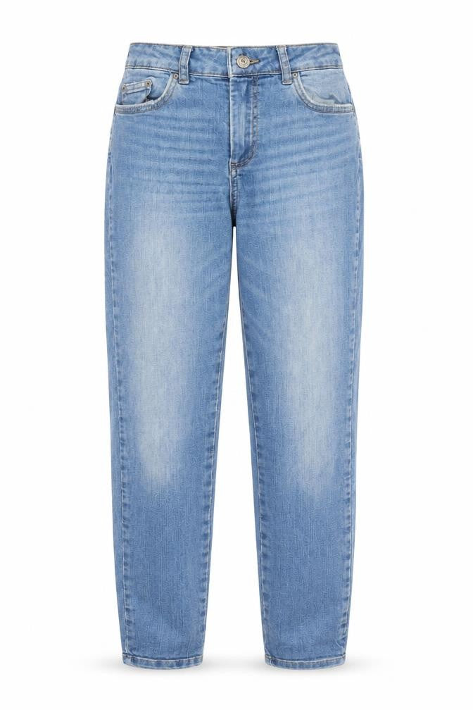 Front view of Pieces women’s blue cotton straight jeans, size M, 28-inch leg regular zip