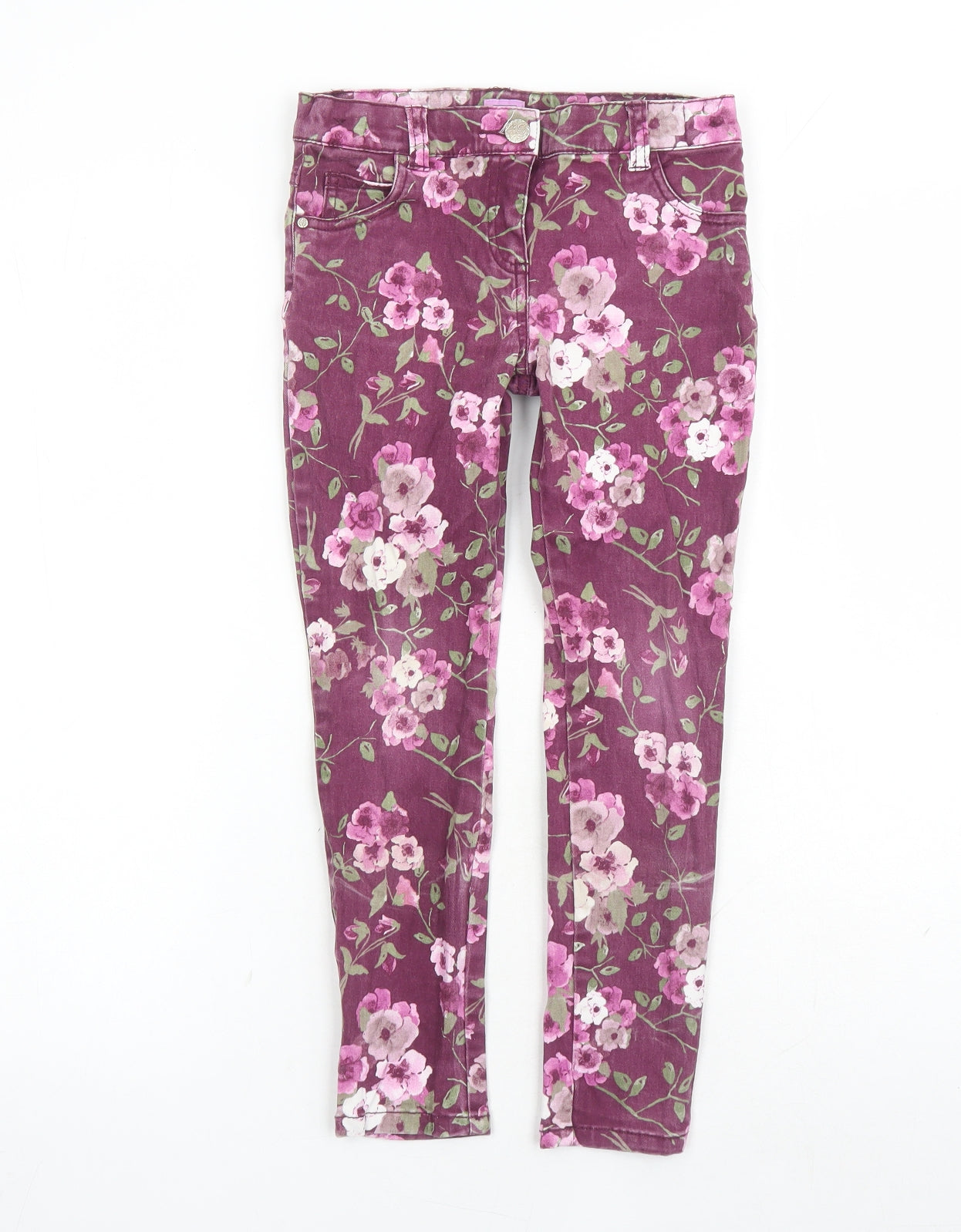 F&F Girls Purple Floral Cotton Straight Jeans Size 7-8 Years L20 in Regular Zip