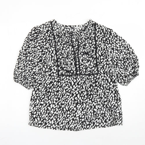 Marks and Spencer Womens Black Geometric Linen Basic Blouse Size 6 Round Neck - Keyhole Neckline