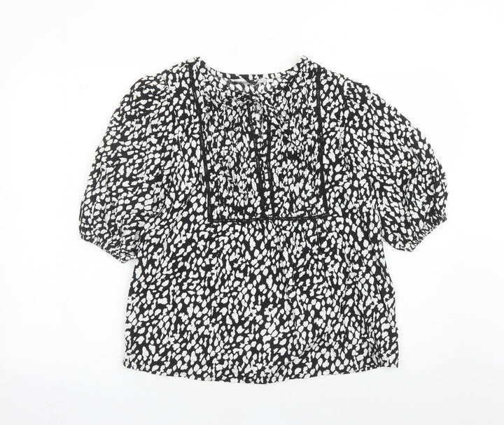 Marks and Spencer Womens Black Geometric Linen Basic Blouse Size 6 Round Neck - Keyhole Neckline