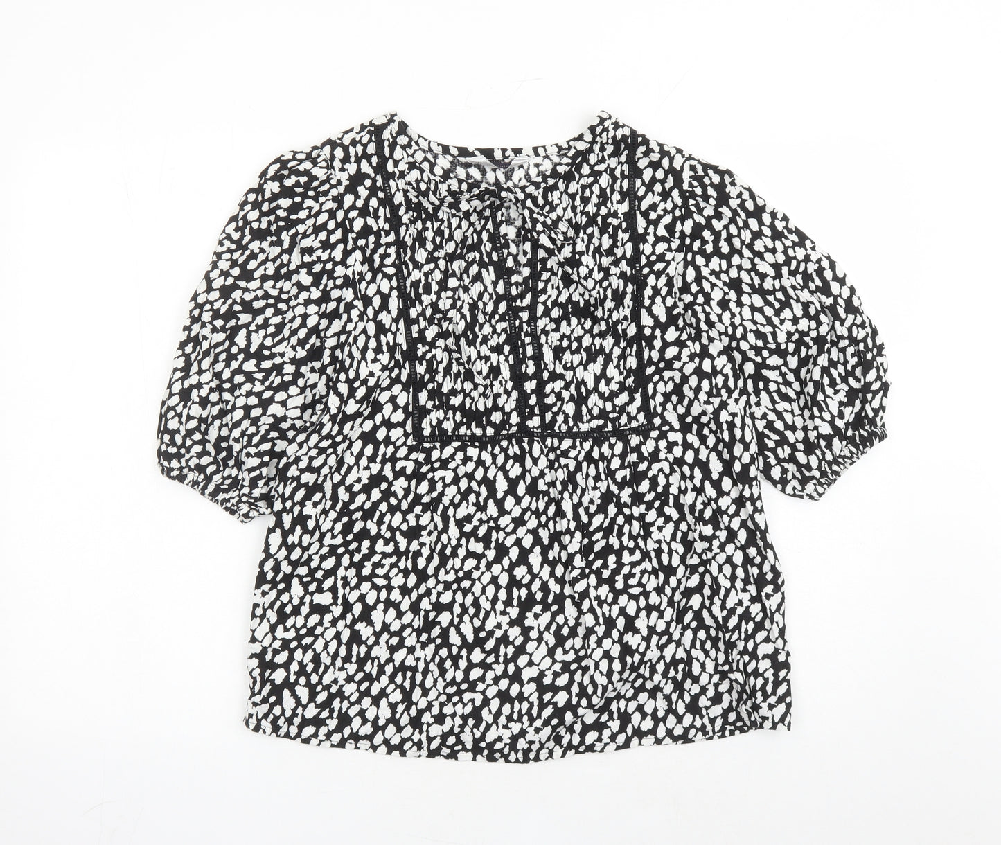 Marks and Spencer Womens Black Geometric Linen Basic Blouse Size 6 Round Neck - Keyhole Neckline