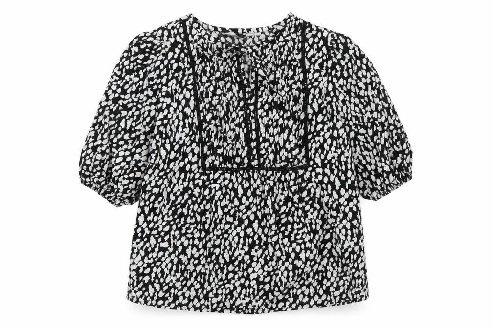 Front view of Marks & Spencer women’s black geometric linen basic blouse, size UK 6, round neck - keyhole neckline