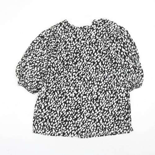 Marks and Spencer Womens Black Geometric Linen Basic Blouse Size 6 Round Neck - Keyhole Neckline