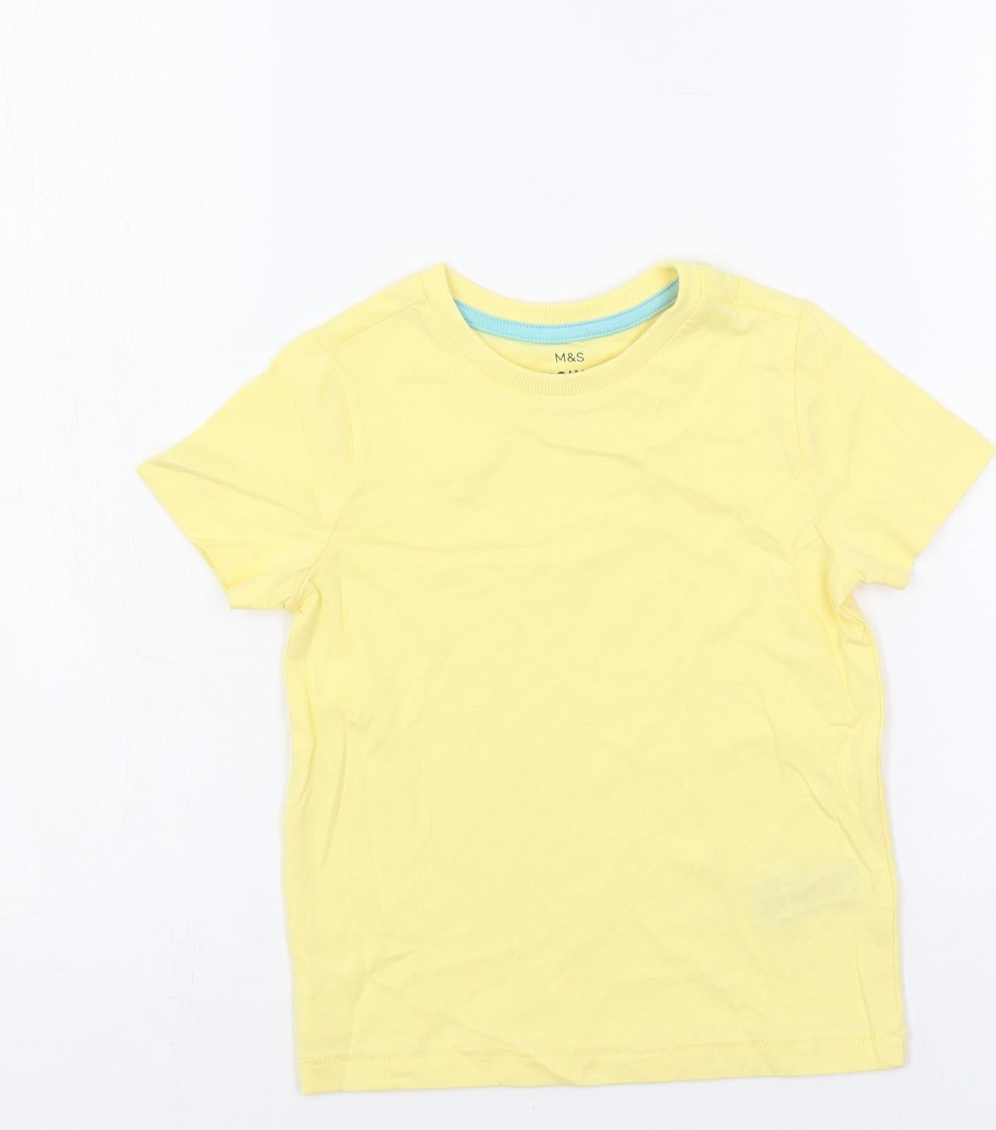 Marks and Spencer Boys Yellow Cotton Basic T-Shirt Size 3-4 Years Crew Neck Pullover