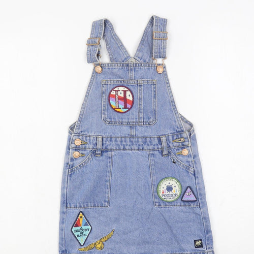 Marks and Spencer Girls Blue Cotton Pinafore/Dungaree Dress Size 6-7 Years Square Neck Button - Harry Potter