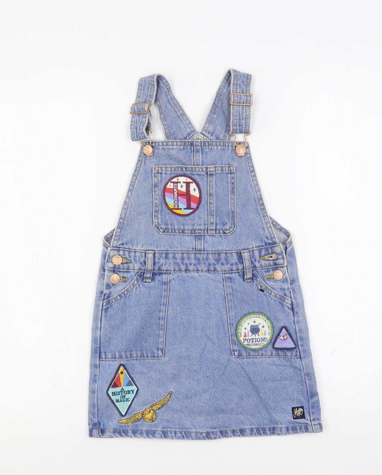 Marks and Spencer Girls Blue Cotton Pinafore/Dungaree Dress Size 6-7 Years Square Neck Button - Harry Potter