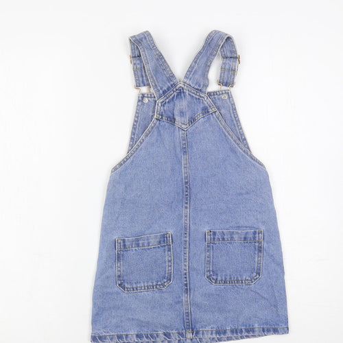 Marks and Spencer Girls Blue Cotton Pinafore/Dungaree Dress Size 6-7 Years Square Neck Button - Harry Potter