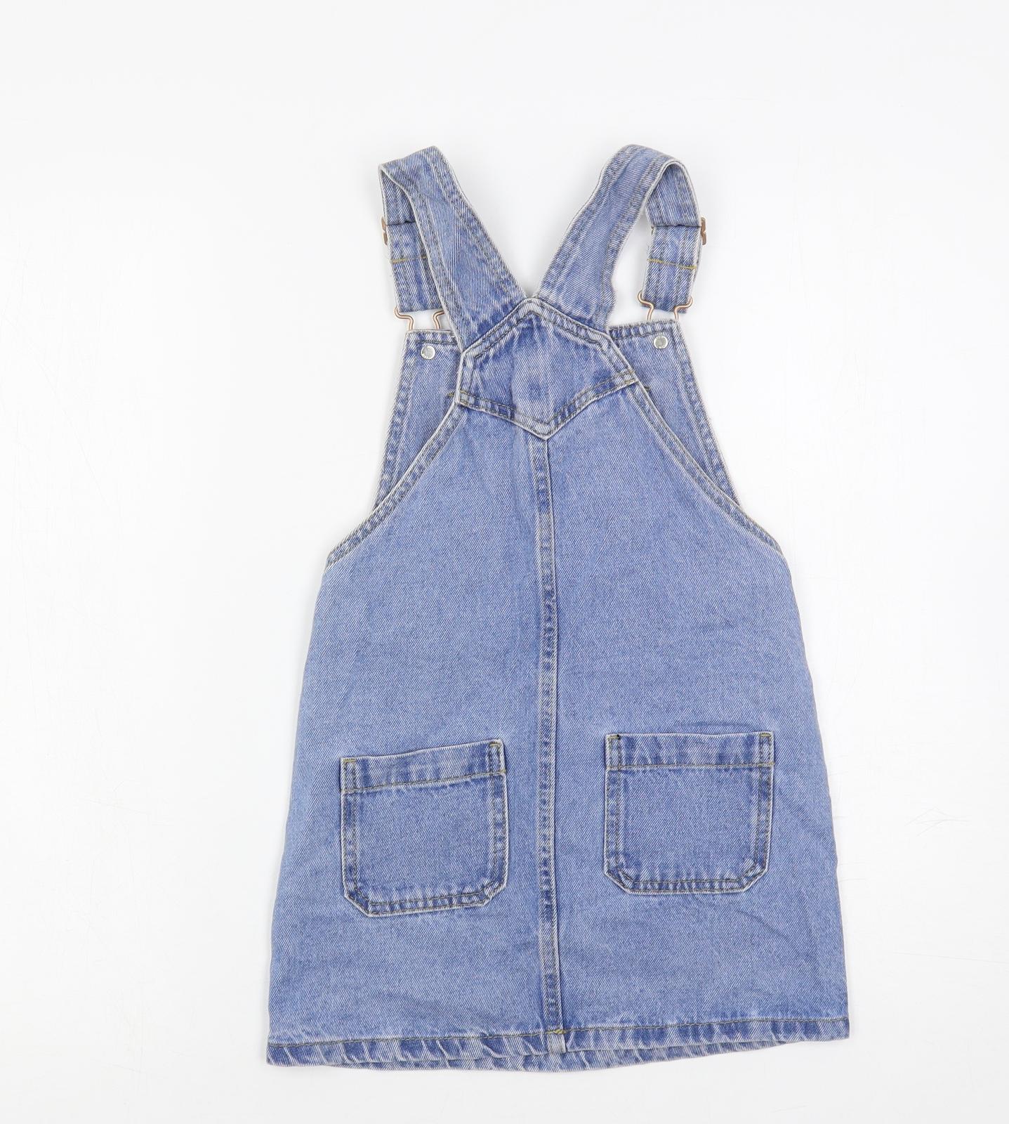 Marks and Spencer Girls Blue Cotton Pinafore/Dungaree Dress Size 6-7 Years Square Neck Button - Harry Potter