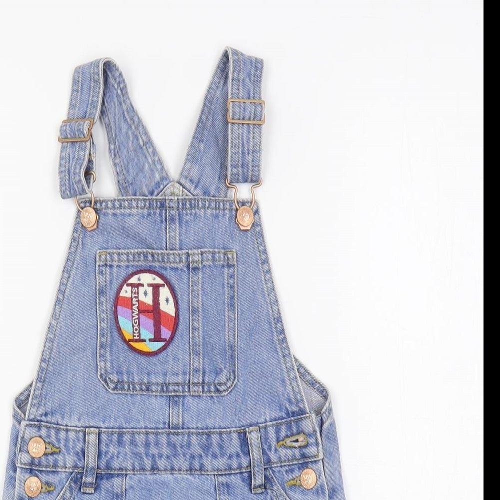 Marks and Spencer Girls Blue Cotton Pinafore/Dungaree Dress Size 6-7 Years Square Neck Button - Harry Potter