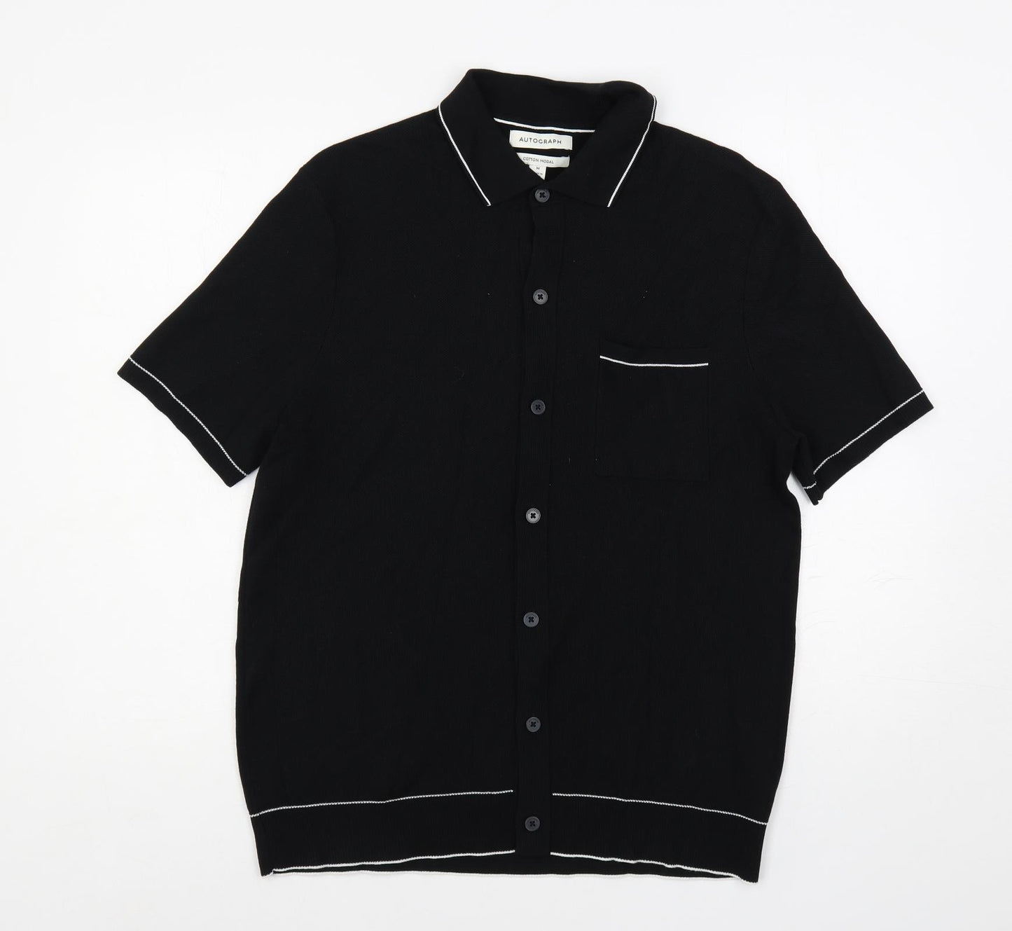 Autograph Mens Black Cotton Button-Up Size M Collared Button - Contrasting Trim