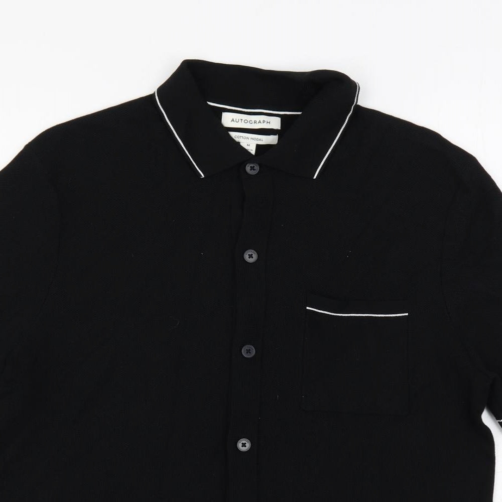 Autograph Mens Black Cotton Button-Up Size M Collared Button - Contrasting Trim