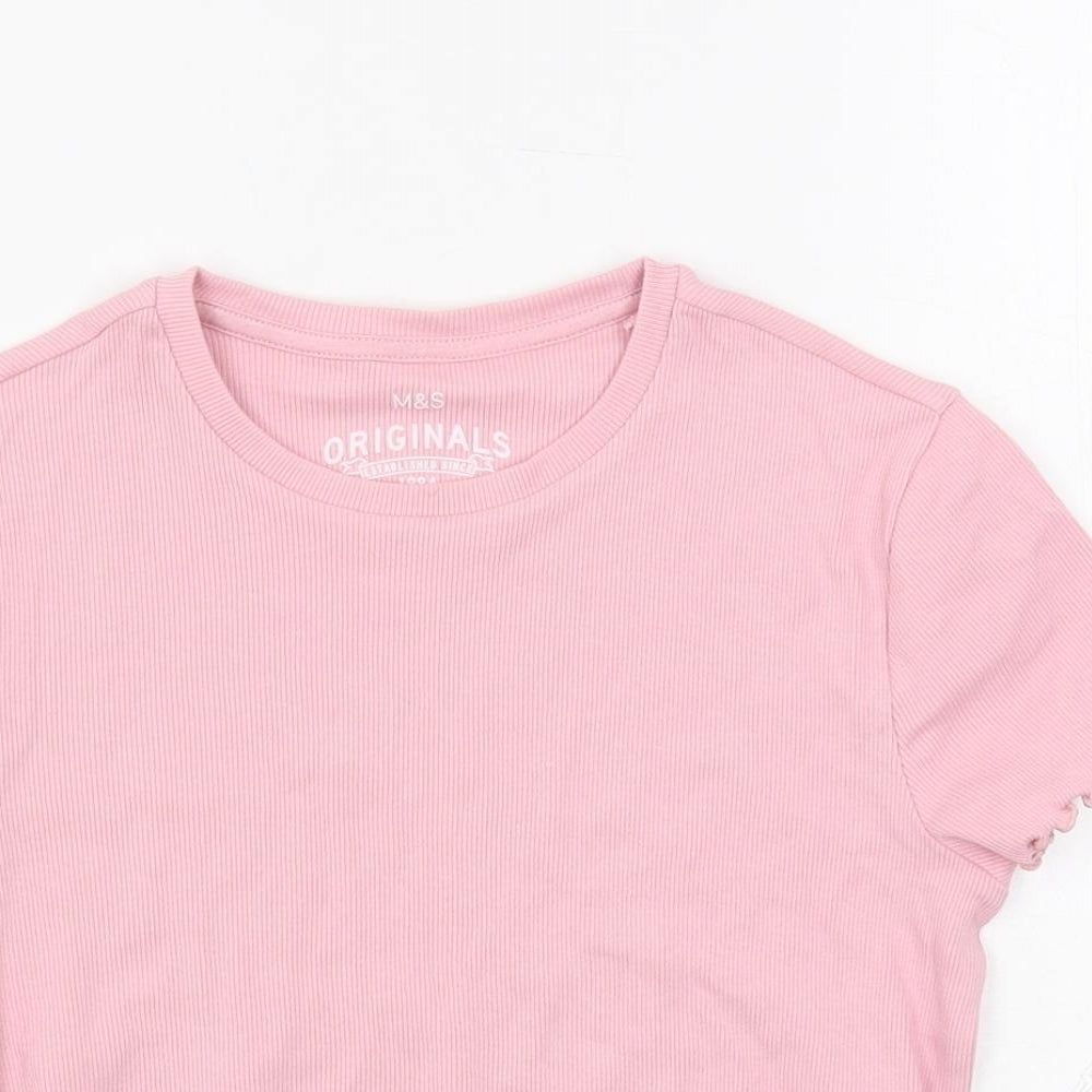 Marks and Spencer Girls Pink Cotton Pullover T-Shirt Size 10-11 Years Crew Neck Pullover - Ribbed