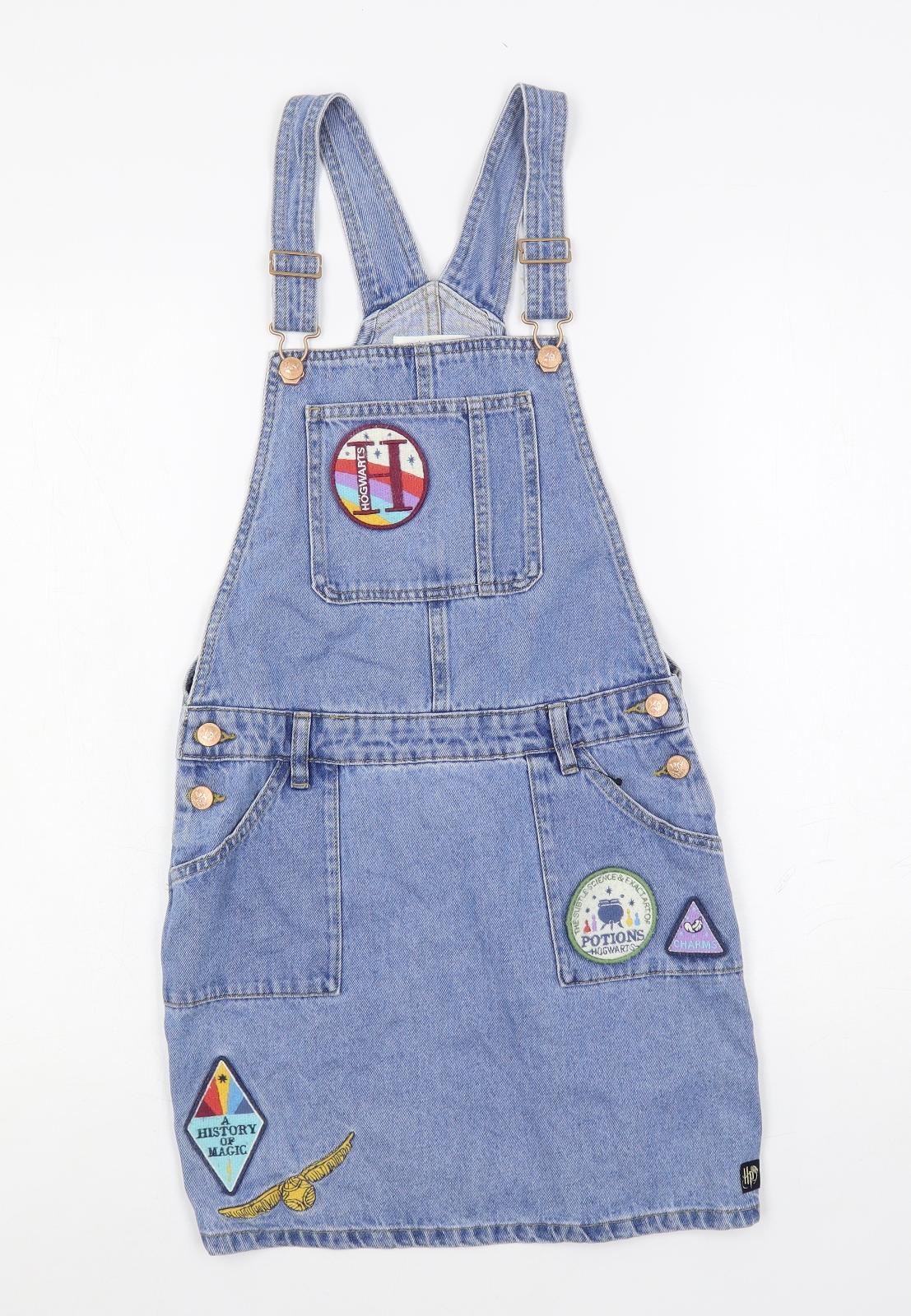 Marks and Spencer Girls Blue Cotton Pinafore/Dungaree Dress Size 12-13 Years Square Neck Button - Harry Potter