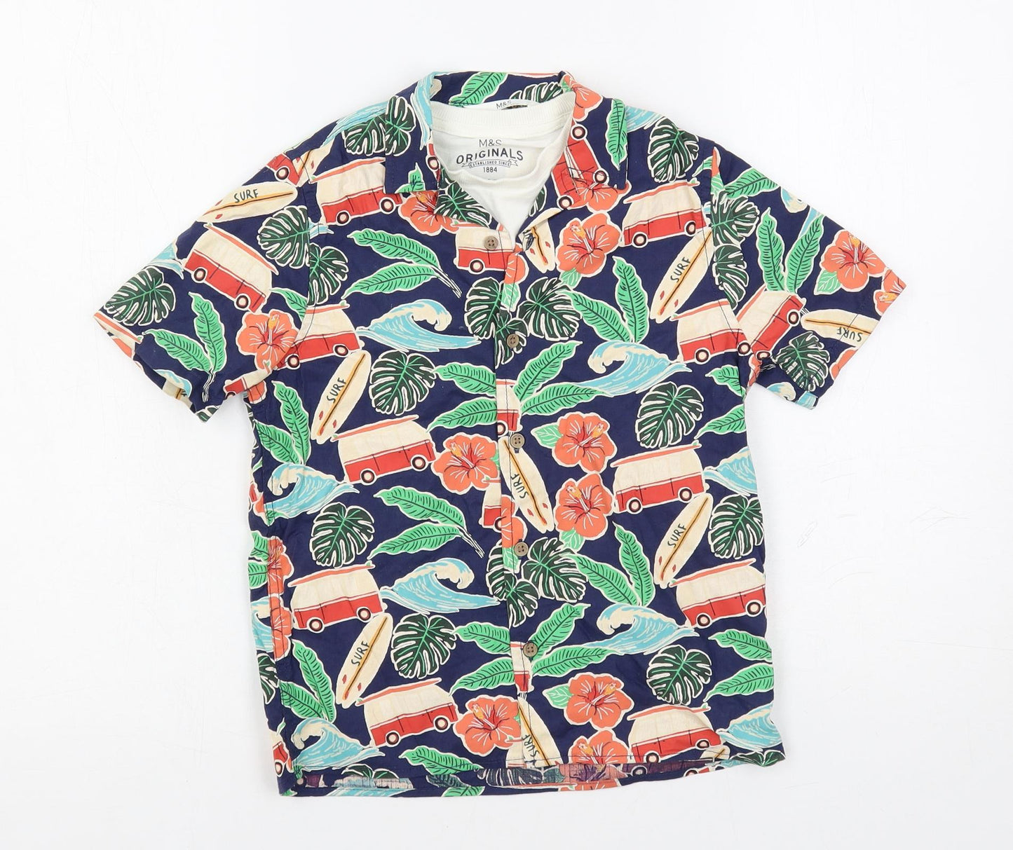 Marks and Spencer Boys Blue Geometric Cotton Basic Button-Up Size 6-7 Years Collared Button