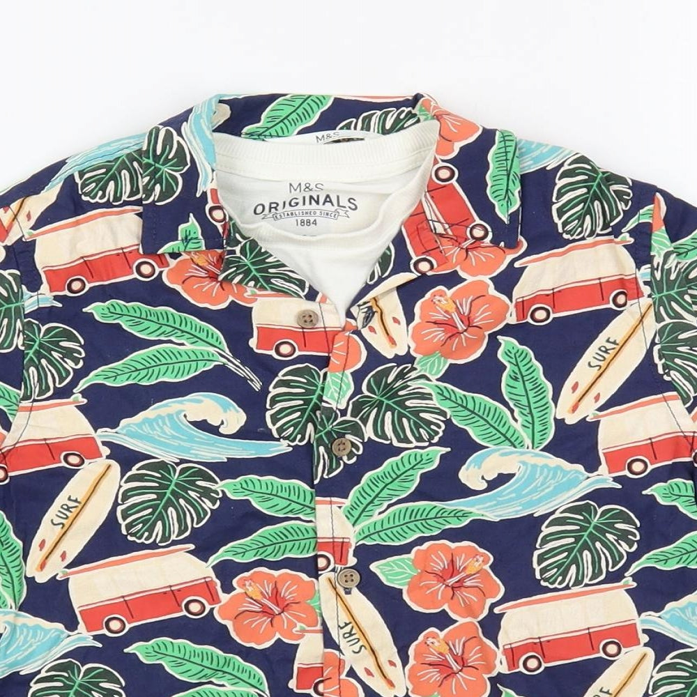 Marks and Spencer Boys Blue Geometric Cotton Basic Button-Up Size 6-7 Years Collared Button