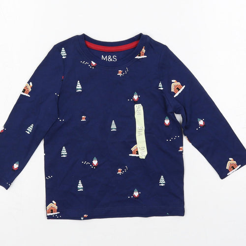 Marks and Spencer Baby Blue Geometric Cotton Pullover T-Shirt Size 12-18 Months Crew Neck Pullover - Christmas