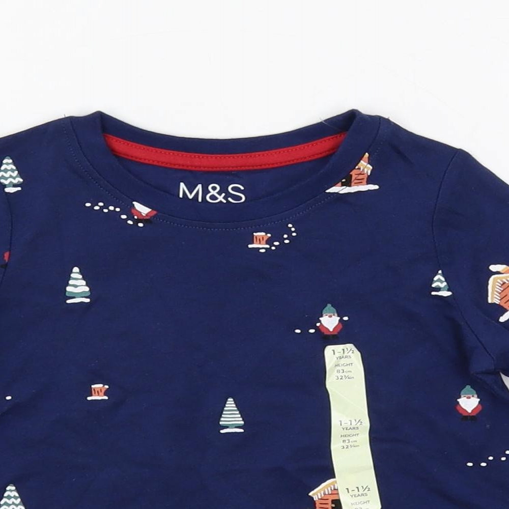 Marks and Spencer Baby Blue Geometric Cotton Pullover T-Shirt Size 12-18 Months Crew Neck Pullover - Christmas