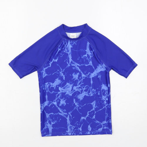 Marks and Spencer Boys Blue Geometric Polyester Pullover T-Shirt Size 7-8 Years Mock Neck Pullover - Swim Top Sun Protection