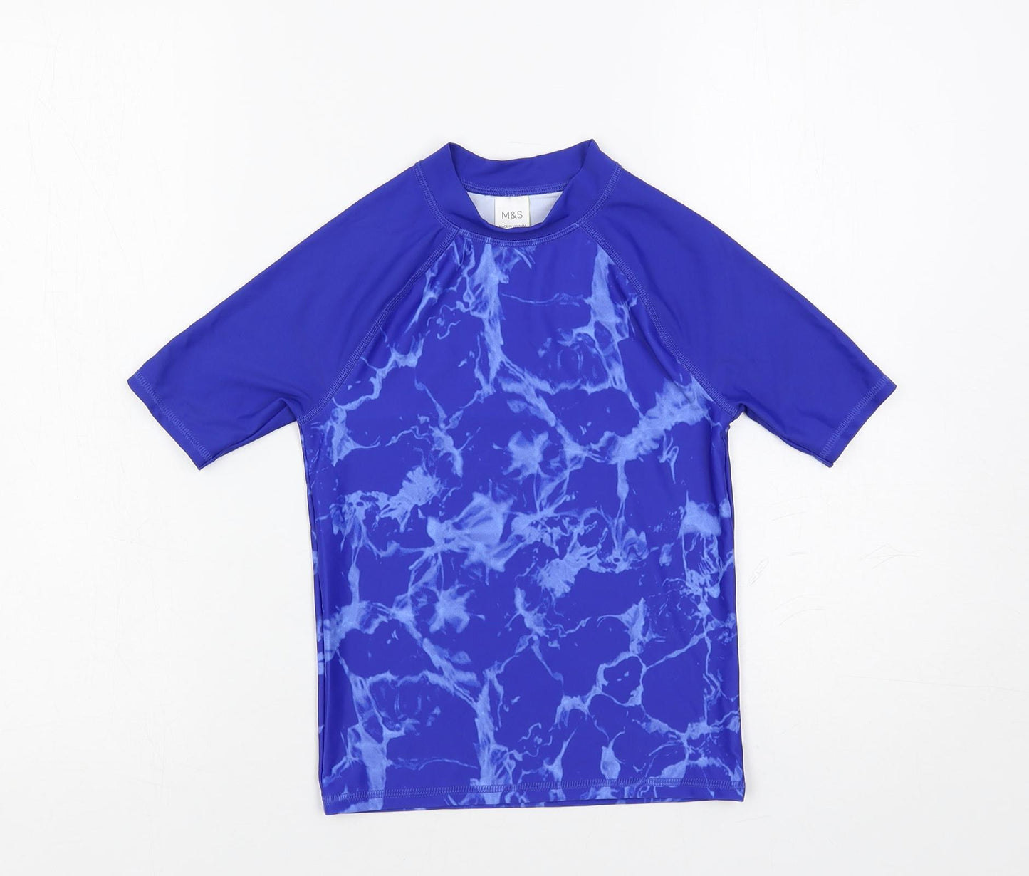 Marks and Spencer Boys Blue Geometric Polyester Pullover T-Shirt Size 7-8 Years Mock Neck Pullover - Swim Top Sun Protection