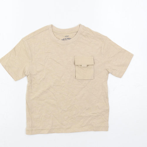 Marks and Spencer Boys Beige Cotton Pullover T-Shirt Size 3-4 Years Crew Neck Pullover - Pocket